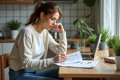 Femme en int&eacute;rieur examinant documents de pr&ecirc;t immobilier