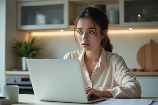 Jeune femme au bureau consulte son relevé bancaire