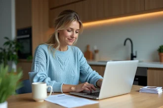 Femme en cuisine effectuant un paiement sur son ordinateur