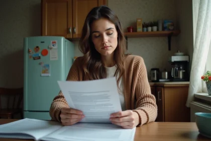 Femme assise &agrave; la cuisine examinant des documents officiels