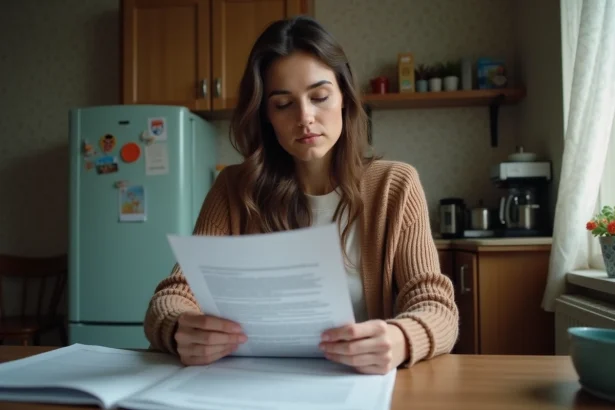 Femme assise à la cuisine examinant des documents officiels