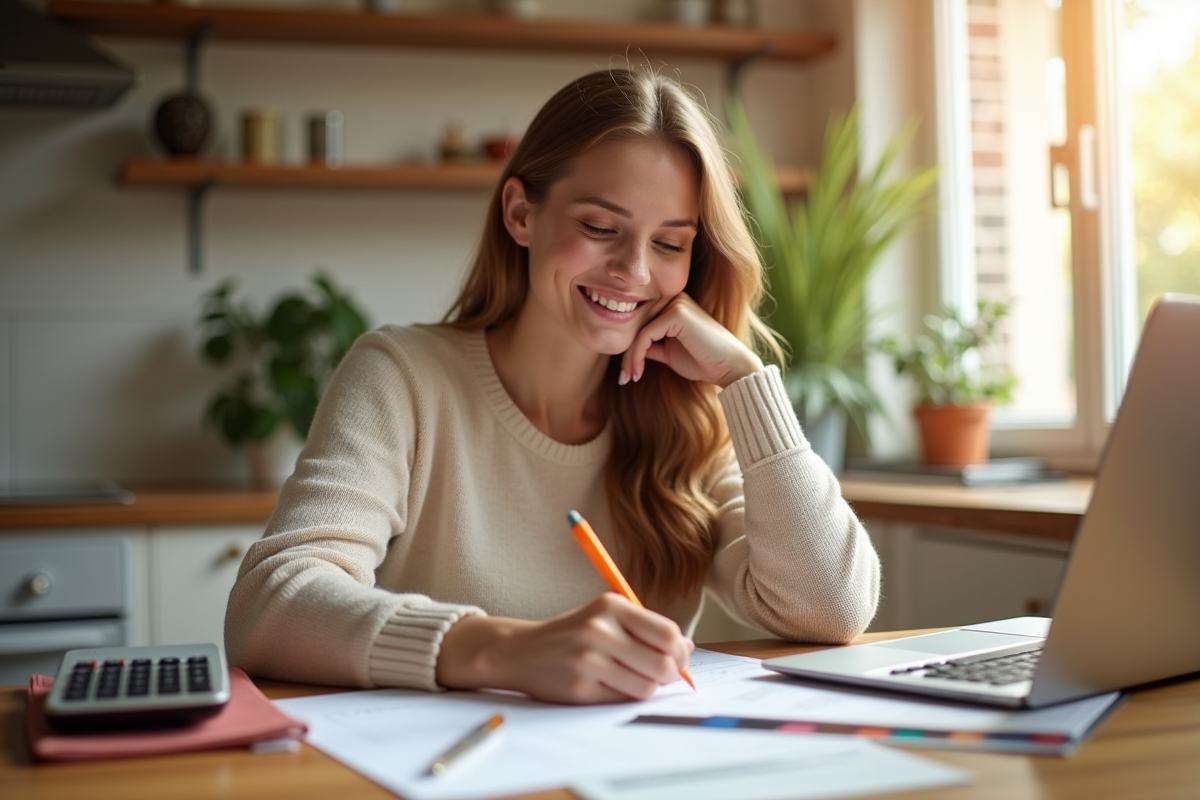 Jeune femme planifiant son budget mensuel à la maison