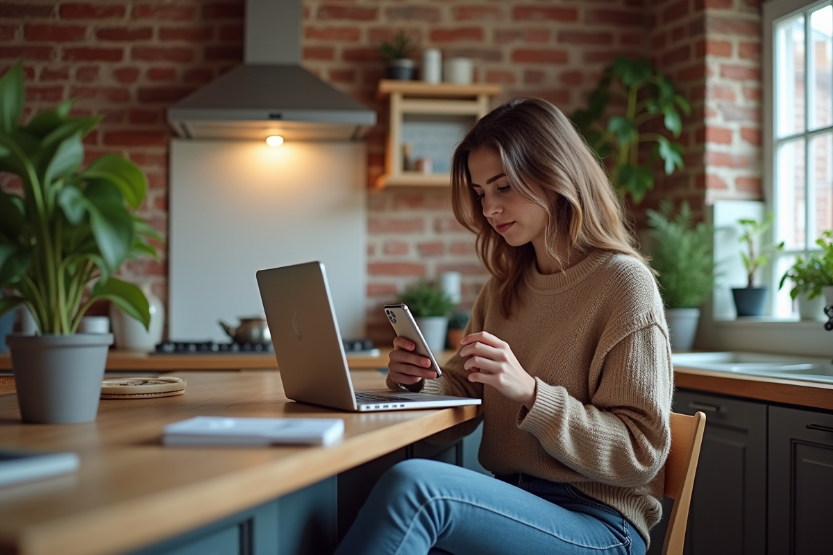 Jeune femme comparant applications crypto dans sa cuisine