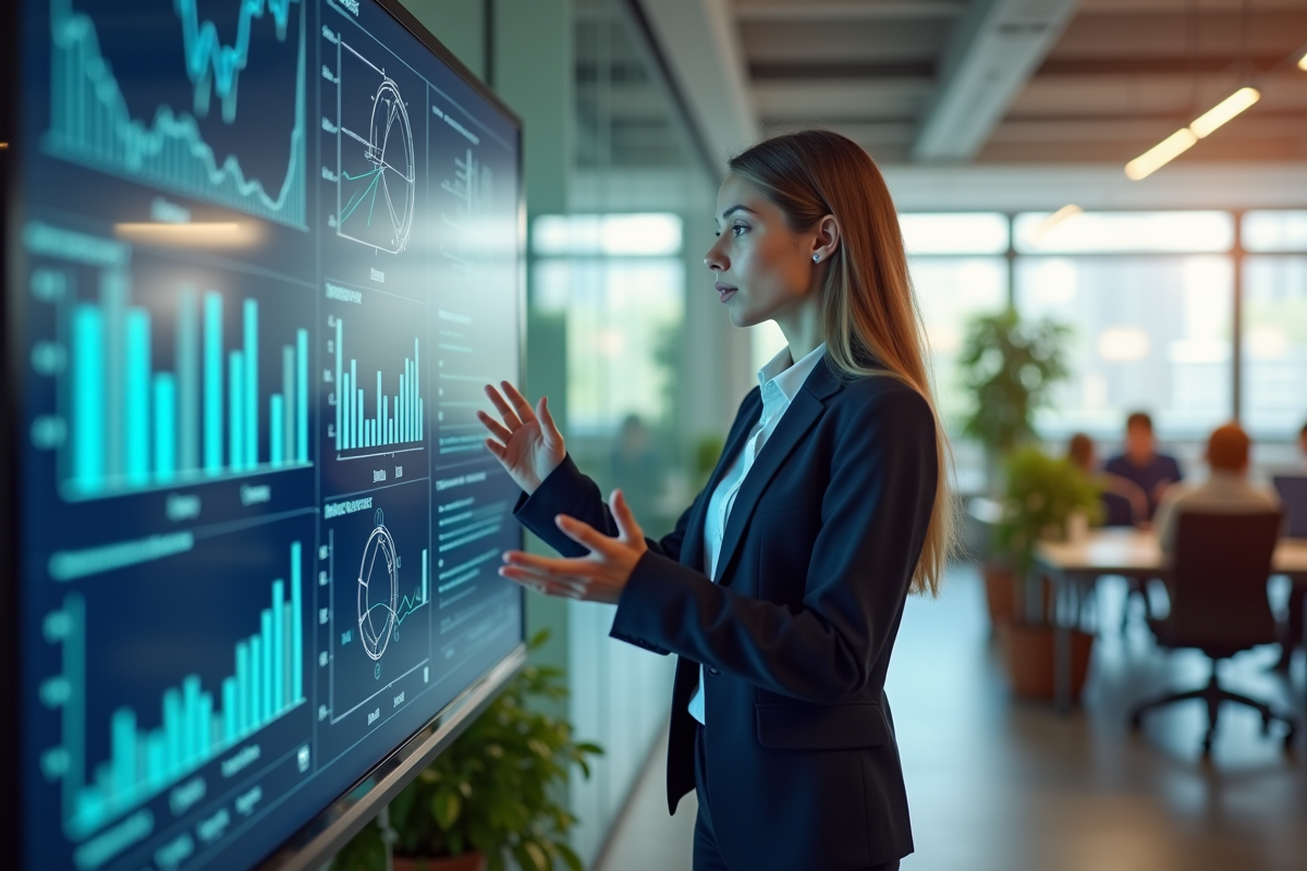 Jeune femme en business casual expliquant des graphiques d