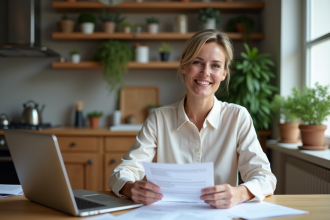 Femme en intérieur moderne examine documents hypothécaire