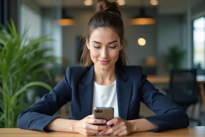 Femme professionnelle utilisant l'application mobile Cyberplus Banque Populaire sur smartphone dans un bureau moderne