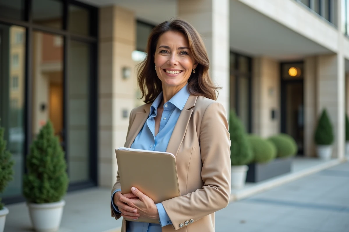 Femme professionnelle souriante devant un bâtiment moderne