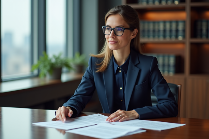 Femme professionnelle en bureau moderne lisant des documents