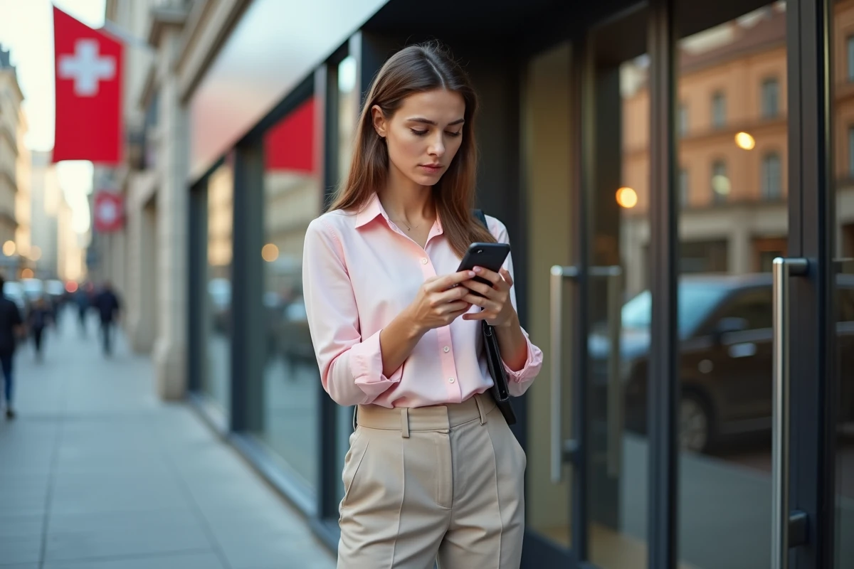 Jeune femme v&eacute;rifiant son smartphone devant une agence