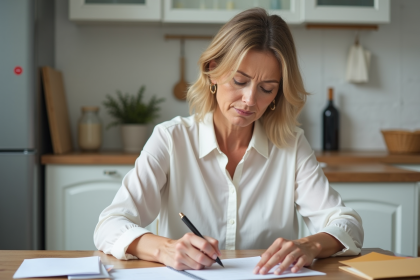 Femme remplissant un cheque dans sa cuisine moderne