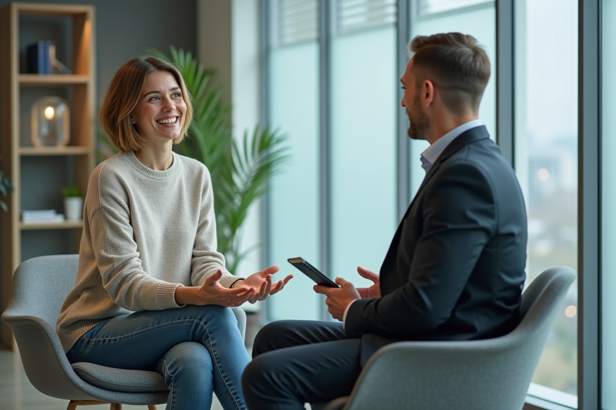 Jeune femme rencontre conseiller mortgage dans une banque moderne