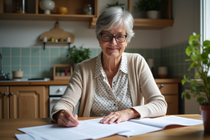 Femme retraitée examinant documents de pension à la maison