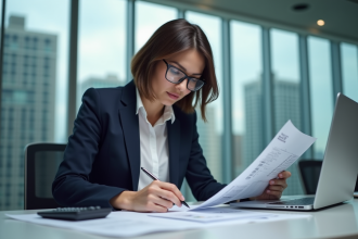 Femme d'affaires examine des rapports financiers dans un bureau moderne