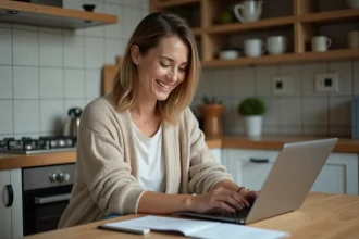 Femme souriante vérifiant ses comptes bancaires à la maison
