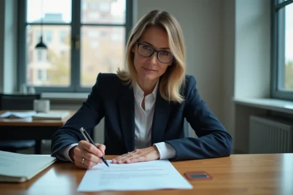 Femme d affaires signant un document dans un bureau moderne