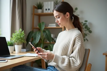 Jeune femme regardant son relev&eacute; bancaire sur smartphone
