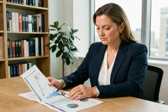 Femme professionnelle analysant une stratégie d'épargne diversifiée avec des graphiques financiers sur un bureau en bois