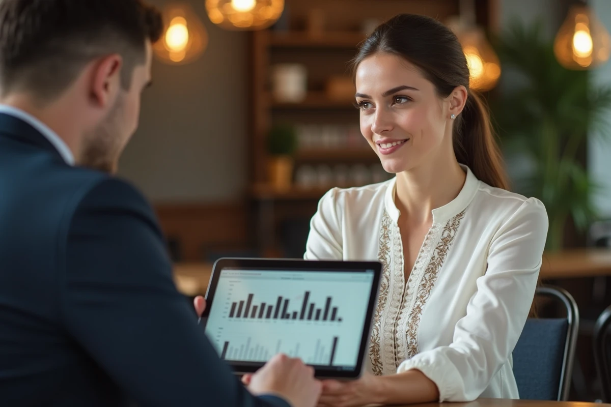 Jeune femme discute de graphiques immobiliers avec collègue
