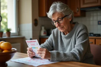 Femme examinant un ticket EuroMillions Étoile Plus dans une cuisine française typique