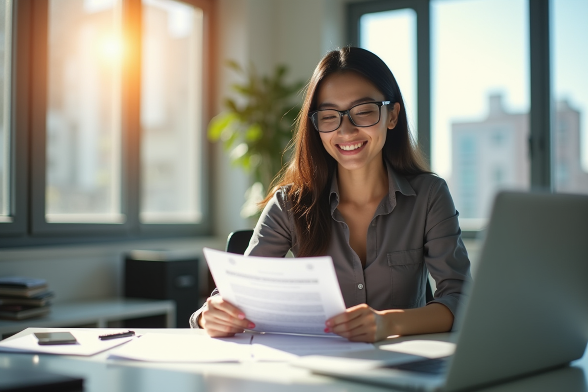 Femme confiante travaillant sur documents d emploi