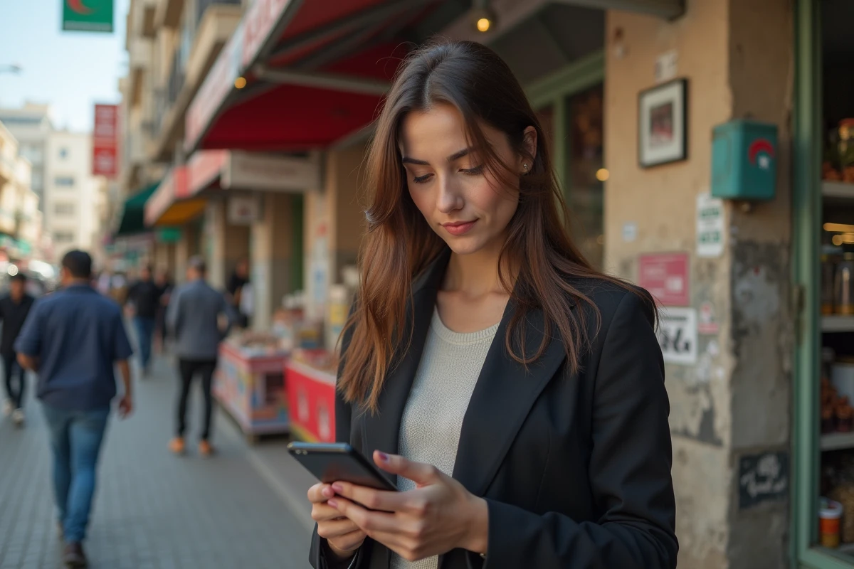 Jeune femme alg&eacute;rienne utilisant une application de change
