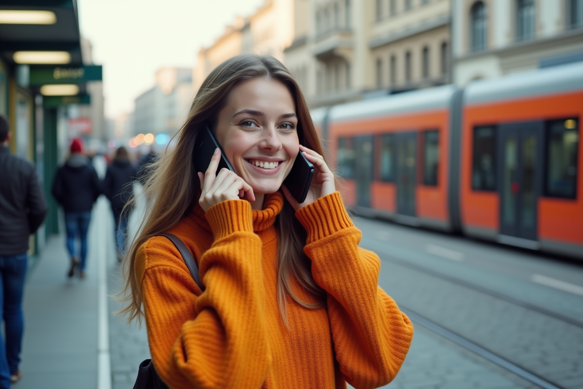 Jeune femme dans la rue parlant au smartphone à l