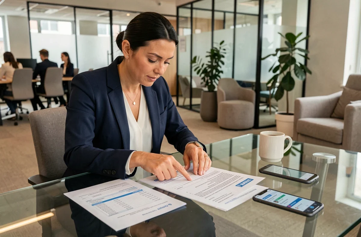 Femme en bureau vérifiant des documents de clôture de compte bancaire étranger avec le formulaire Cerfa 3916 bis