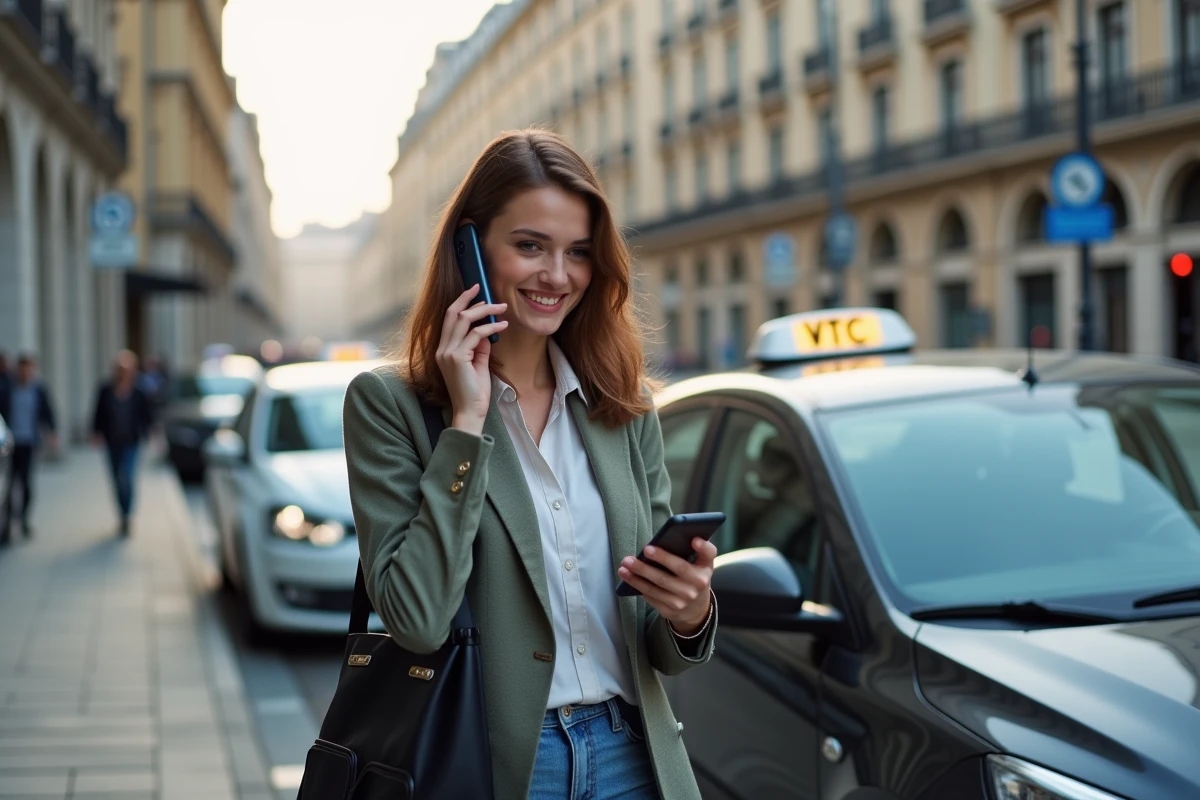 Jeune femme souriante avec smartphone devant voiture urbaine