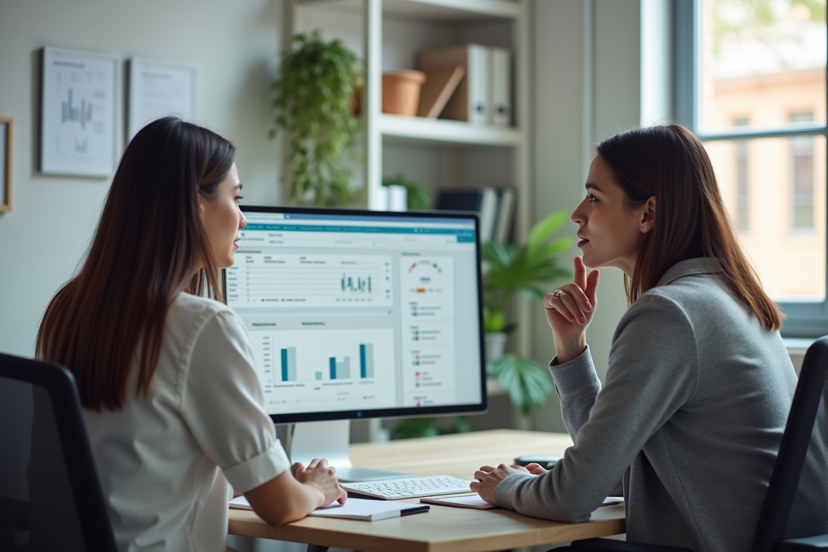 Jeune femme en blouse blanche discute avec collègue devant un écran