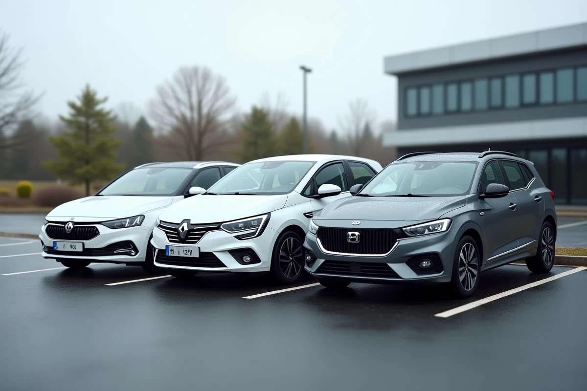 Flotte de véhicules d'entreprise berline utilitaire et SUV dans un parking professionnel