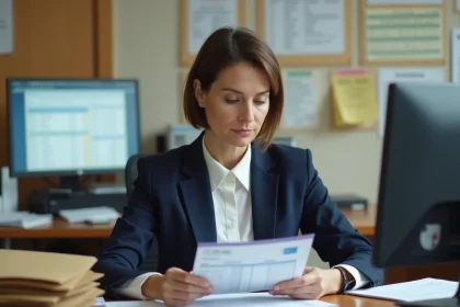 Fonctionnaire française examinant des fiches de salaire dans un bureau administratif public en 2026