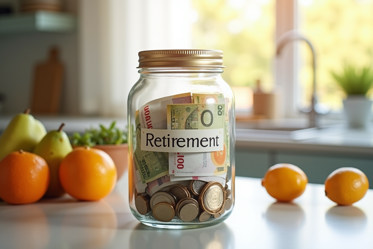 Pot de fonds de retraite débordant de billets et pièces avec fruits frais