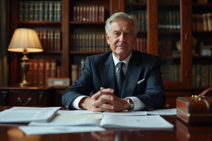 Homme d'affaires en costume sombre assis à un bureau avec des documents financiers, évoquant la fortune et le patrimoine d'André-Louis Auzière