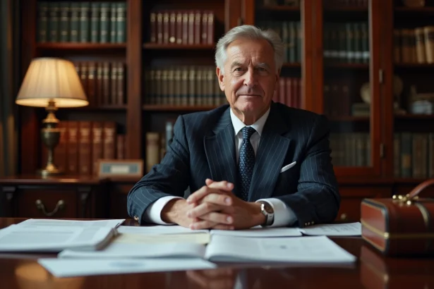 Homme d'affaires en costume sombre assis à un bureau avec des documents financiers, évoquant la fortune et le patrimoine d'André-Louis Auzière