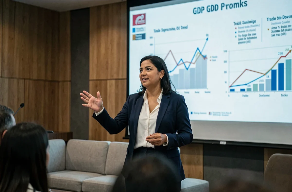 Économiste sud-américaine présentant des données de croissance économique lors d'un forum international à Bogotá