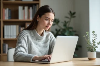 Femme gérant ses comptes bancaires en ligne sur un ordinateur portable dans un bureau à domicile moderne et épuré
