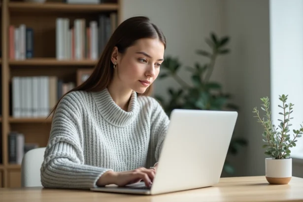 Femme gérant ses comptes bancaires en ligne sur un ordinateur portable dans un bureau à domicile moderne et épuré