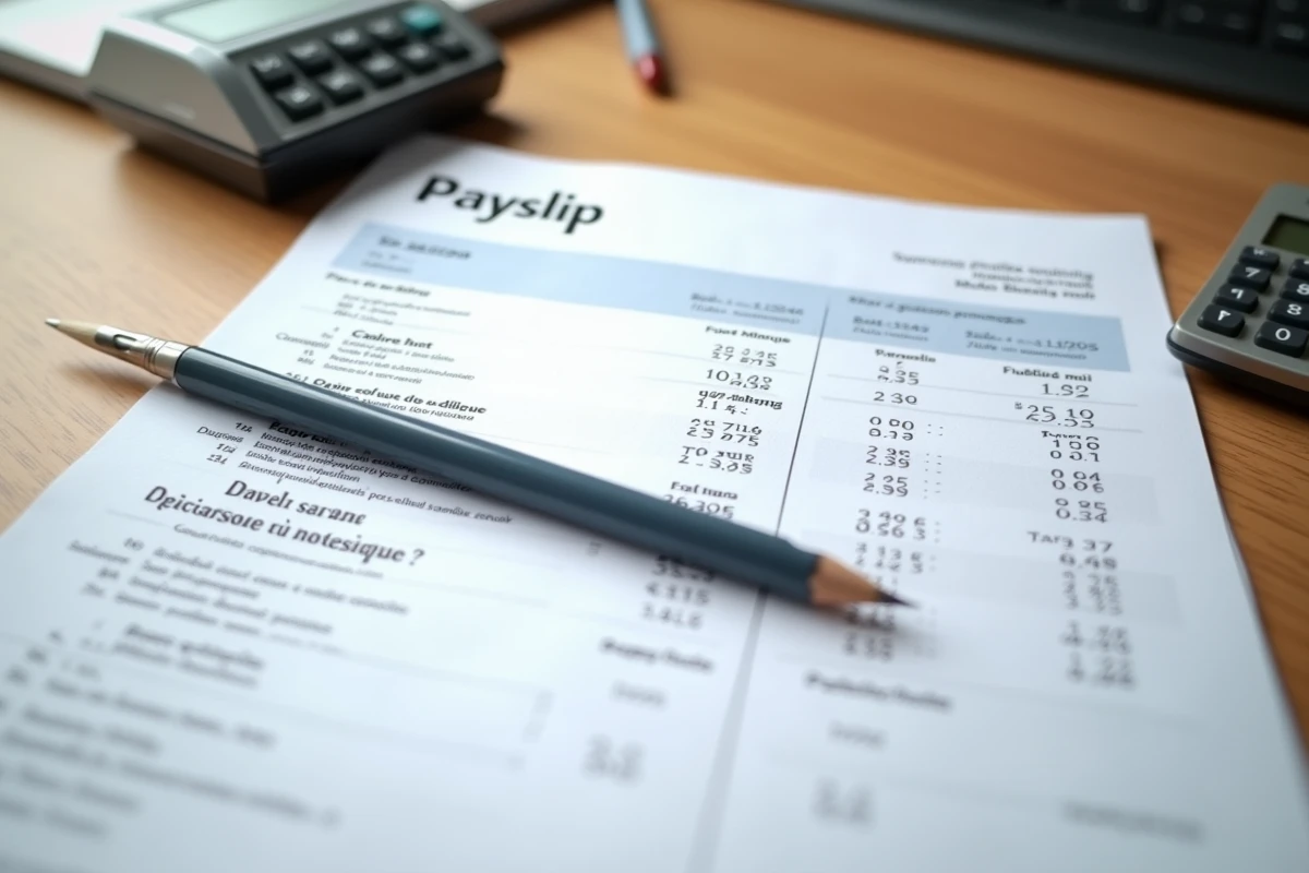 Gros plan sur une fiche de paie française avec montants brut et net, calculatrice et crayon sur bureau en bois