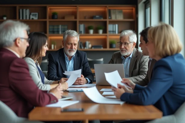 Groupe de seniors discutant stratégies d'investissement
