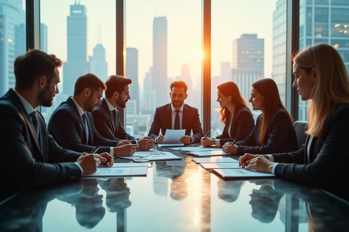 Professionnels analysant des graphiques financiers dans un bureau lumineux