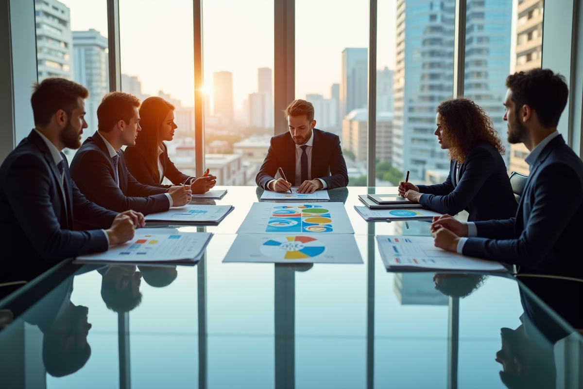 Groupe de professionnels analysant des graphiques stratégiques en bureau lumineux