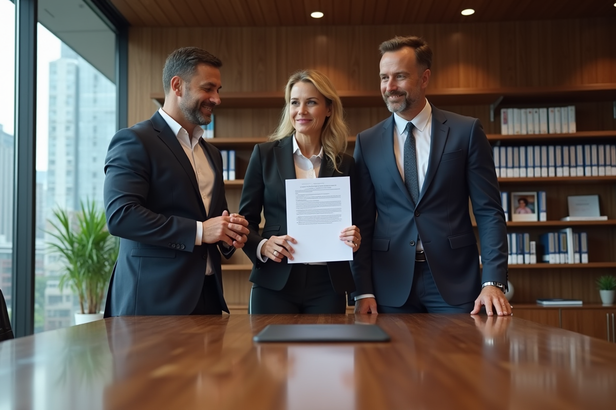 Groupe de collègues en discussion dans une salle de réunion