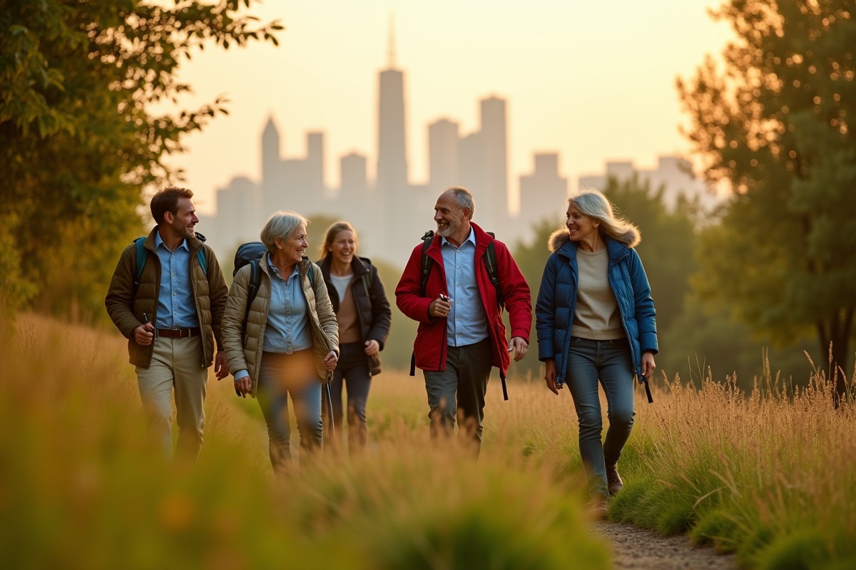 Groupe de seniors en randonnée dans un parc verdoyant avec ville en arrière-plan