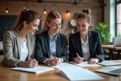 Trois personnes signant des documents dans un espace de coworking