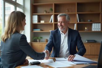 Homme d'affaires en costume navy serre la main d'une conseillère bancaire