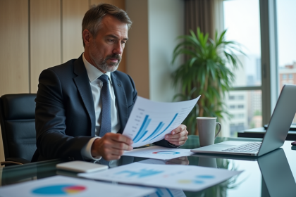 Homme d'affaires en costume analysant des graphiques financiers
