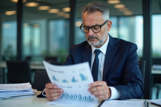 Homme d'affaires en costume examinant des graphiques financiers