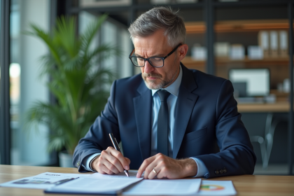 Homme d'affaires en costume bleu examine des documents financiers