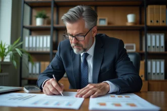 Homme d'affaires examine documents immobiliers sérieux