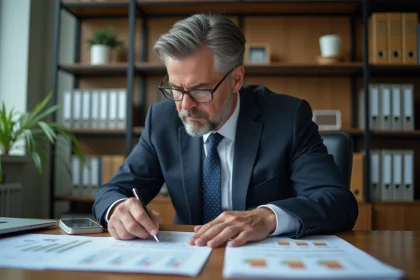 Homme d'affaires examine documents immobiliers s&eacute;rieux